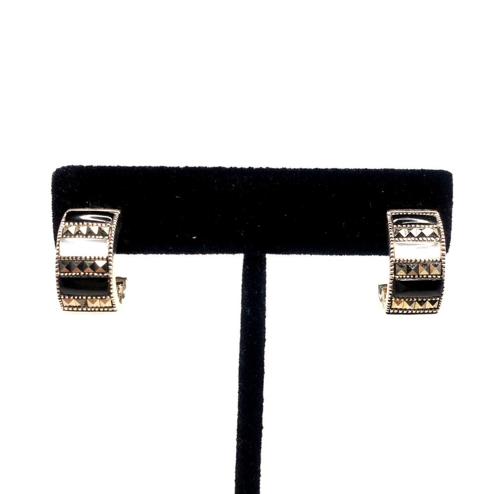 Art Deco Sterling Silver Onyx & Mother of Pearl Marcasite Hoops